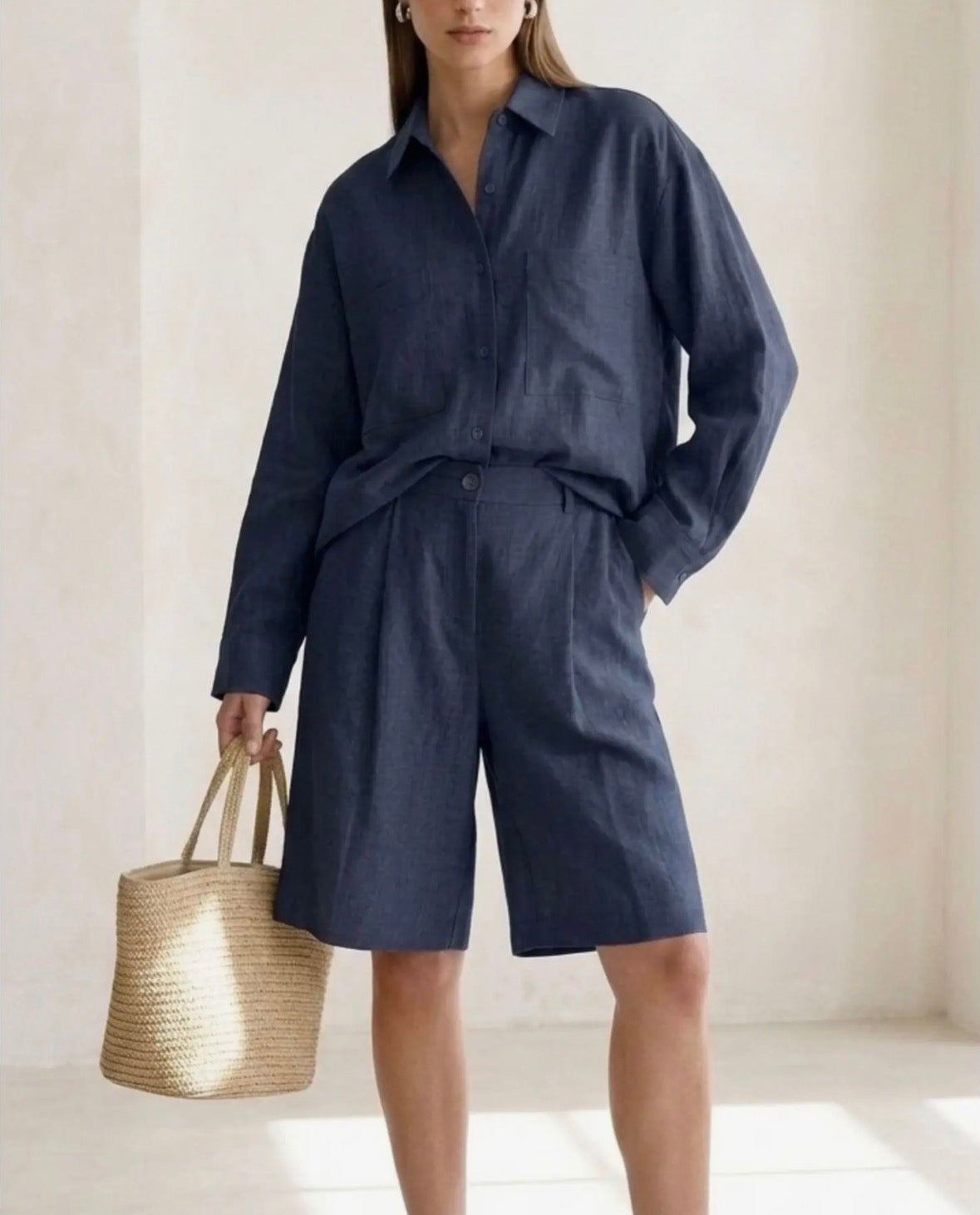 Camicia oversize blu in lino e lyocell