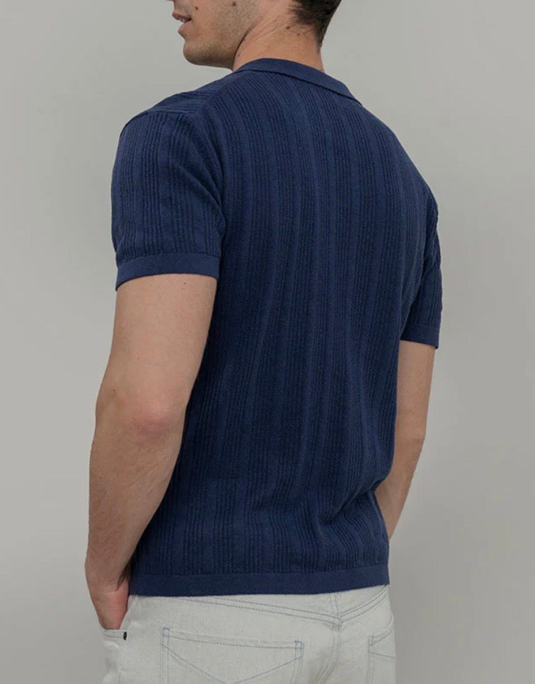 Polo uomo in seta rigenerata blu Rifò