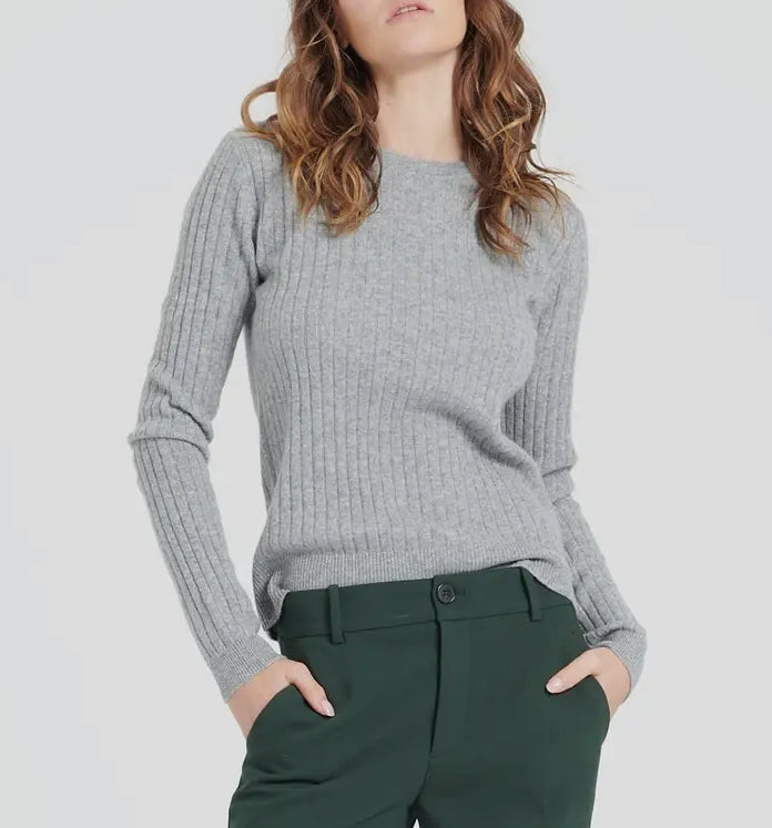 Girocollo cashmere a coste grigio chiaro