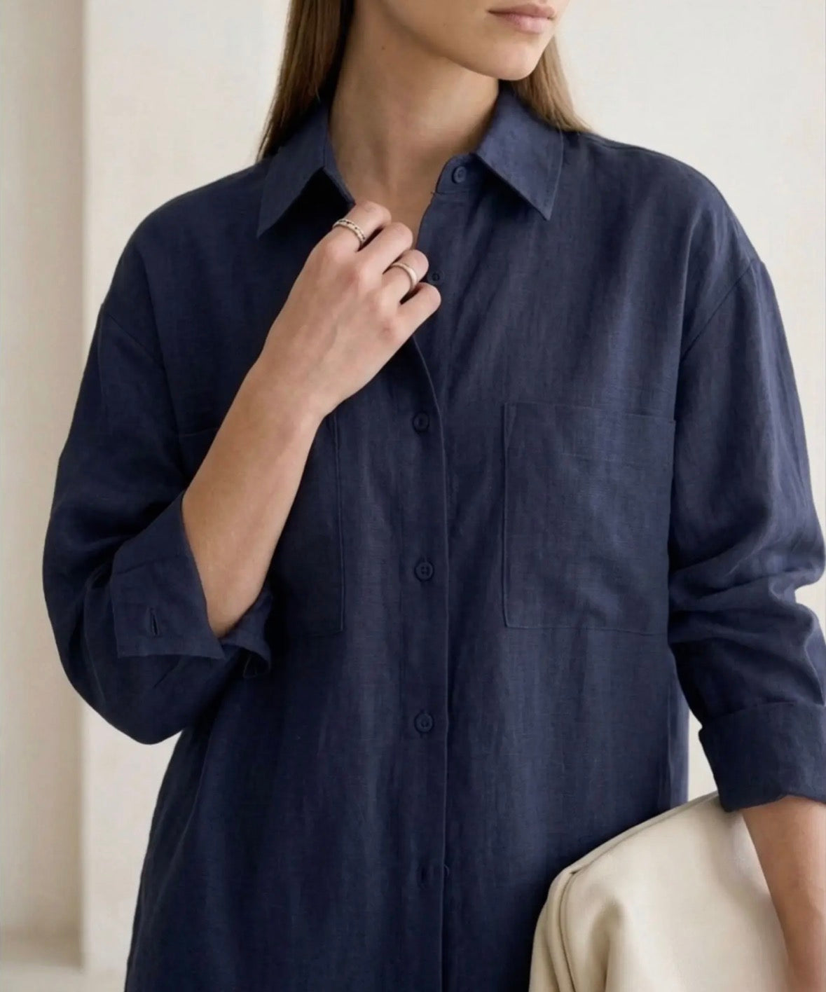 Camicia oversize blu in lino e lyocell