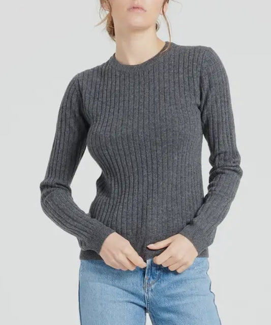 Girocollo in cashmere a coste grigio scuro