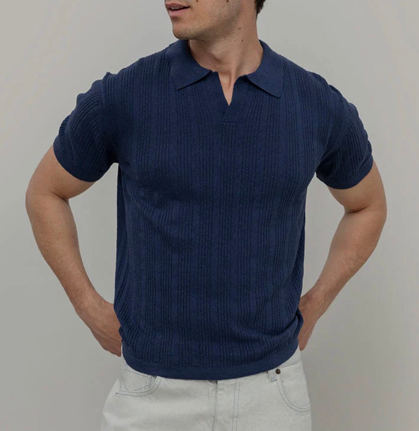 Polo uomo in seta rigenerata blu Rifò