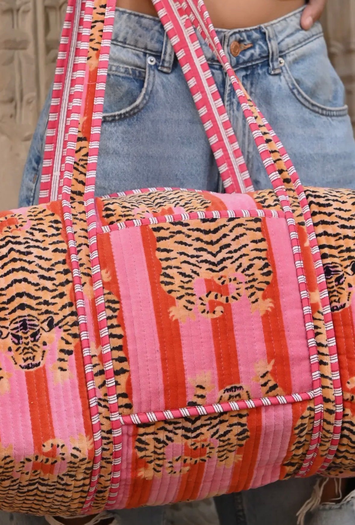 Borsa weekender in velluto tiger rosa/arancio