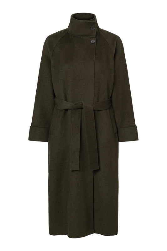 Cappotto in lana riciclata con cintura - Verdone